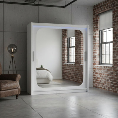 Bega Viii 180 Sliding Door Wardrobe Modern White Design With Mirror Hanging Rail And Spacious Shelves With Led - image 1