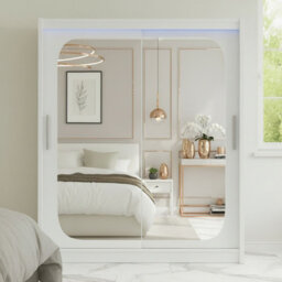 Bega Viii 180 Sliding Door Wardrobe Modern White Design With Mirror Hanging Rail And Spacious Shelves With Led - thumbnail 5