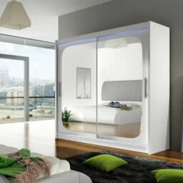 Bega Viii 180 Sliding Door Wardrobe Modern White Design With Mirror Hanging Rail And Spacious Shelves With Led - thumbnail 2