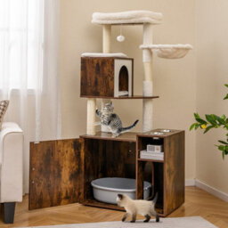Costway Cat Climbing Tower W/ Sisal Scratching Post Cat Litter Box Enclosure-Brown - thumbnail 6