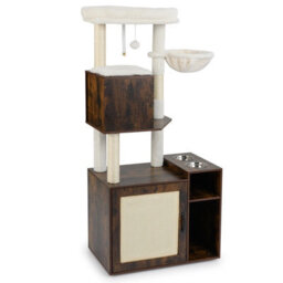 Costway Cat Climbing Tower W/ Sisal Scratching Post Cat Litter Box Enclosure-Brown