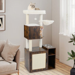 Costway Cat Climbing Tower W/ Sisal Scratching Post Cat Litter Box Enclosure-Brown - thumbnail 9