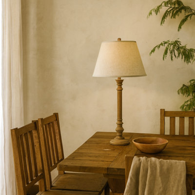 Wyld Haus Flavigny Natural Turned Wooden Pillar Table Lamp With Cream Linen Shade - image 1