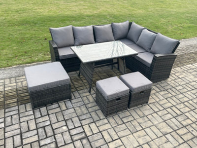 Fimous Outdoor Furniture Garden Dining Set Rattan Corner Sofa Set Rectangular Dining Table With Temper Glass 3 Footstools - image 1