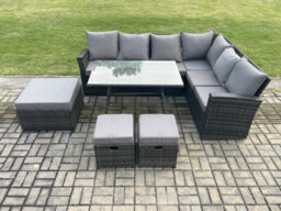 Fimous Outdoor Furniture Garden Dining Set Rattan Corner Sofa Set Rectangular Dining Table With Temper Glass 3 Footstools - thumbnail 2