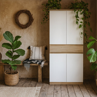 Wyld Haus Budapest Shoe Cabinet In White And Natural Oak Effect 4 Doors 1 Drawer - image 1