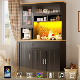 Abrihome Tall Display Cabinet With Led Lighting - 104X40X180 Cm Kitchen & Living Room Storage, Black - thumbnail 1