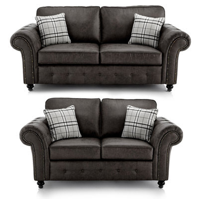 Furnishings For Less UK Oakland 3 And 2 Seater Chesterfield Leather Air Charcoal Grey - image 1