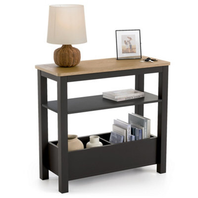 Christow Slim Console Table Oak-Effect Top Shelf & Storage Charcoal H60Cm X W65Cm X D28Cm - image 1