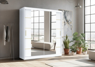 Fhif Dallas Gold 120Cm White Sliding Door Wardrobe Modern Bedroom Storage With Full Length Mirror Shelves And Hanging Rails - image 1