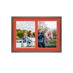 AK Frames 20X14 Walnut Sleek Multi Photo Frame With Poppy Red Mount - Holds 2 Apertures (2X) A4 Photos