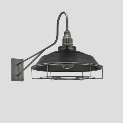 Industville Long Arm Step Wall Light 16 Inch In Pewter With Pewter Holder And Cage
