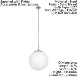 Satin Nickel Pendant Ceiling Light With White Opal Glass Shade - E27 Bulb Compatible - thumbnail 2