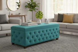 90Cm Wide Empire Ottoman Storage Box With Legs, Teal Velvet Chesterfield Upholstered Ottoman Footstool Coffee Table