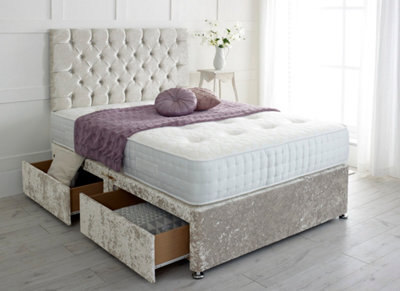 Adore Designs Chesterfield Crushed Velvet Divan Bed, With Pocket Mattress - 3Ft Single - Cream - 2 Drawers Same Side - image 1