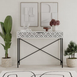 Decortie Modern Heaton Console 1-Drawer Storage Sideboard Elegant Metal Legs 110(W)Cm Ancient White - thumbnail 1