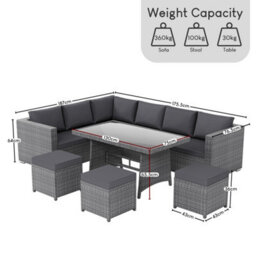 Lassic Vida Designs 9 Seater Rattan Furniture Set With Outdoor L Shaped Sofa, Table And Stools, Grey - thumbnail 3