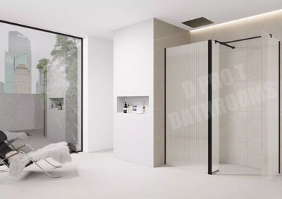 D Pro T Bathrooms Fluted Shower Wetroom Screen 1200mm With 800mm End Panel And Flipper Black Trim