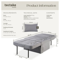Tectake 1 Sofa Bed Ponto - 4 In 1 Uses As A Stool, Chair, Lounger Or Bed, 6-Position Adjustable Backrest  - Grey - thumbnail 6