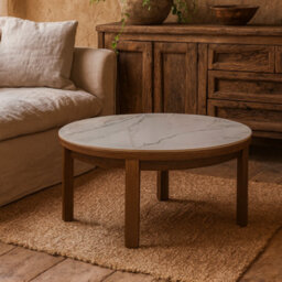 Wyld Haus Cork 90Cm Round Cream Ceramic Coffee Table With Oak Veneer Base - thumbnail 1