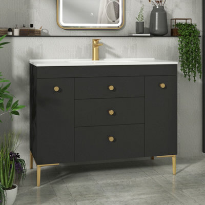 Royal Bathrooms Verona 1000mm Black Floor Standing Vanity Unit 3 Drawer & Dual Side Pull Out Storage Ceramic Basin - Brass Knob - image 1
