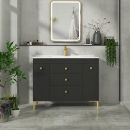 Royal Bathrooms Verona 1000mm Black Floor Standing Vanity Unit 3 Drawer & Dual Side Pull Out Storage Ceramic Basin - Brass Knob - thumbnail 4
