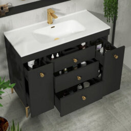 Royal Bathrooms Verona 1000mm Black Floor Standing Vanity Unit 3 Drawer & Dual Side Pull Out Storage Ceramic Basin - Brass Knob - thumbnail 5