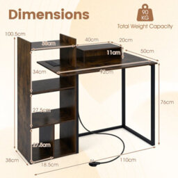 Costway Computer Desk With Charging Station 110Cm Home Office Writing Desk With Monitor Stand-Rustic Brown - thumbnail 2