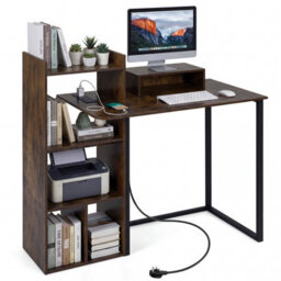Costway Computer Desk With Charging Station 110Cm Home Office Writing Desk With Monitor Stand-Rustic Brown