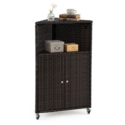 Costway Outdoor Storage Cabinet Pe Rattan Corner Bar Cart Wicker Rolling Buffet Sideboard - image 1