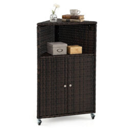 Costway Outdoor Storage Cabinet Pe Rattan Corner Bar Cart Wicker Rolling Buffet Sideboard - thumbnail 1