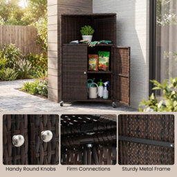 Costway Outdoor Storage Cabinet Pe Rattan Corner Bar Cart Wicker Rolling Buffet Sideboard - thumbnail 6