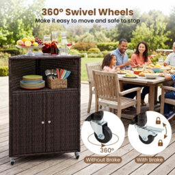 Costway Outdoor Storage Cabinet Pe Rattan Corner Bar Cart Wicker Rolling Buffet Sideboard - thumbnail 7