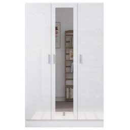 Reflect 3 Door Mirror Wardrobe-White Gloss & Matt White-Hanging Rail & 4 Shelves-H: 180Cm X W: 113Cm X D: 47Cm - Modern Design - thumbnail 7