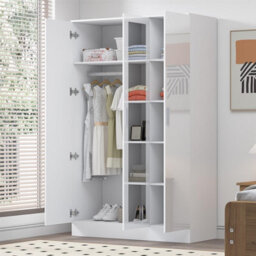 Reflect 3 Door Mirror Wardrobe-White Gloss & Matt White-Hanging Rail & 4 Shelves-H: 180Cm X W: 113Cm X D: 47Cm - Modern Design - thumbnail 2