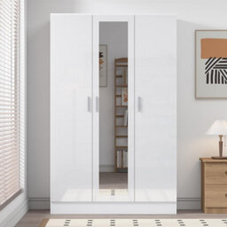 Reflect 3 Door Mirror Wardrobe-White Gloss & Matt White-Hanging Rail & 4 Shelves-H: 180Cm X W: 113Cm X D: 47Cm - Modern Design - thumbnail 3