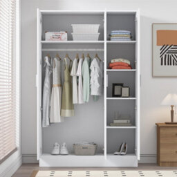 Reflect 3 Door Mirror Wardrobe-White Gloss & Matt White-Hanging Rail & 4 Shelves-H: 180Cm X W: 113Cm X D: 47Cm - Modern Design - thumbnail 4