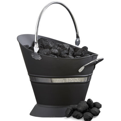 Ing038 Black Waterloo Bucket With Silver Band Metal Coal Ash Carrier Fireplace Storage Fireside Accessory With Handle - image 1