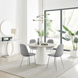 Furniturebox Uk Palma Beige Stone Effect Round Dining Table & 4 Grey Corona Silver Chairs