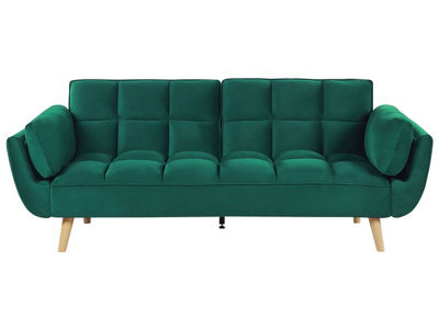 Wyld And Coco Velvet Sofa Bed 3-Seater Green With Rubberwood Legs And Split Back - image 1