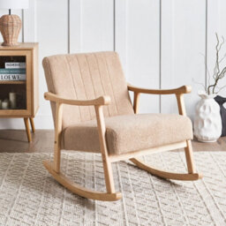 Wyld and Coco Haven Home Rocking Armchair Beige Bouclé Upholstery With Armrests And Rubberwood Legs - W63 X D96 X H78Cm - thumbnail 2