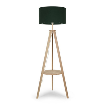 Valuelights Morrigan Natural Wood Shelf Tripod Floor Lamp With Green Drum Shade - image 1