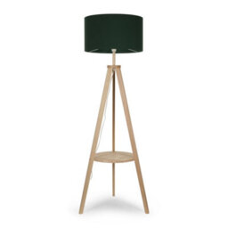 Valuelights Morrigan Natural Wood Shelf Tripod Floor Lamp With Green Drum Shade