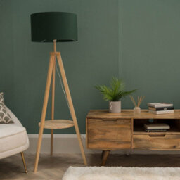 Valuelights Morrigan Natural Wood Shelf Tripod Floor Lamp With Green Drum Shade - thumbnail 5