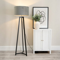 Valuelights Lottie Black Wood Tripod Floor Lamp With Grey Velvet Drum Shade