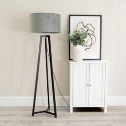 Valuelights Lottie Black Wood Tripod Floor Lamp With Grey Velvet Drum Shade - thumbnail 3