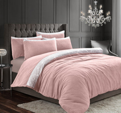 Velosso Teddy Fleece Duvet Cover & Pillowcase Set - Button Enclosure, Machine Washable Bedroom Essentials - Blush Pink