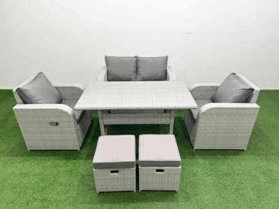 Fimous Light Grey Pe Wicker Rattan Garden Furniture Set Sofa Set Reclining Chair Rectangular Dining Table 6 Seater 2 Small Stools - image 1