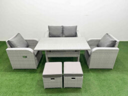 Fimous Light Grey Pe Wicker Rattan Garden Furniture Set Sofa Set Reclining Chair Rectangular Dining Table 6 Seater 2 Small Stools - thumbnail 1