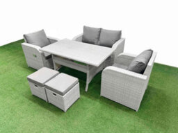Fimous Light Grey Pe Wicker Rattan Garden Furniture Set Sofa Set Reclining Chair Rectangular Dining Table 6 Seater 2 Small Stools - thumbnail 2